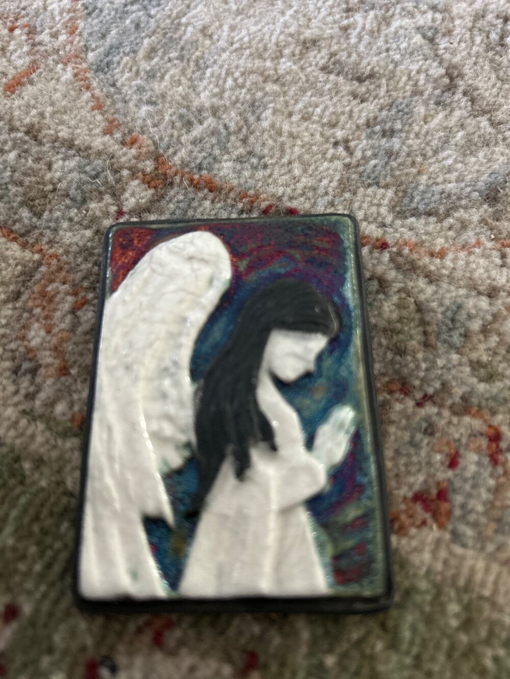 Jeremy Diller Raku Pottery Mini Angel Plaque Magnet Wall Hanging Tile Signed
